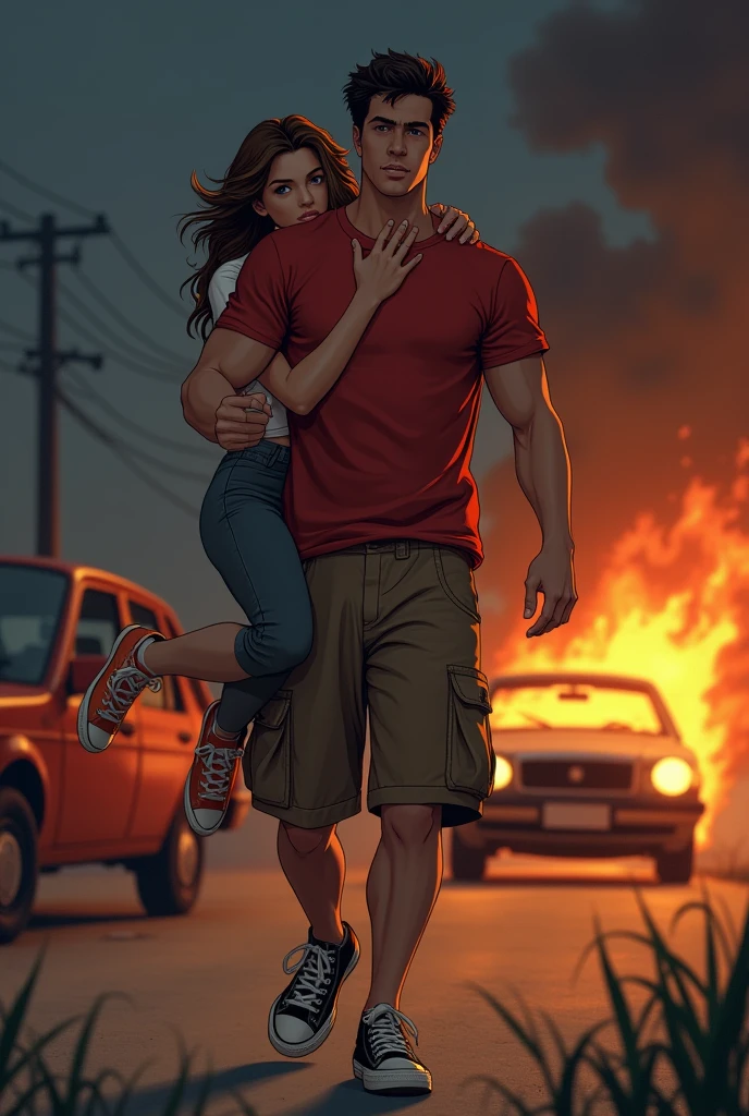 Muscular man wearing a shirt with long shorts Long loose shorts With pockets on the sides with converse sneakers red T-shirt and brown shorts Long short, Normal musculature Loose T-shirt half loose but her size Young man carrying an injured woman behind him a car on fire at night 