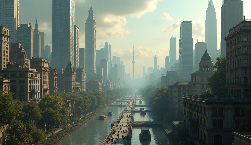 A city, On the right, a sector of tall and opulent buildings and on the left, a sector of poor and small houses without green areas without green areas. They are two sectors of a city that represent social inequality. The two sectors are seen on the same plane side by side..