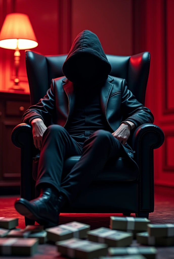 hacker anonimo , sitting in a rich black leather armchair , with several piles of money wrapped on the floor , and in a room with low red lighting