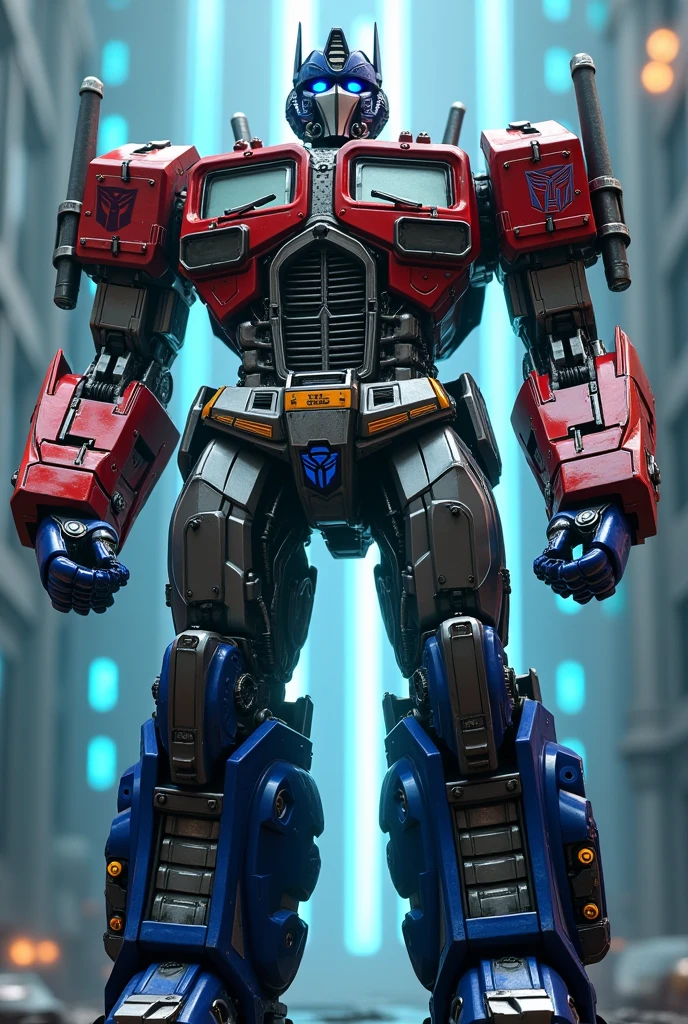 1 giant robot,Optimus Prime,highly detailed body, extremely detailed metal armor,complex mechanical parts,gears and pistons,amazing metallic shine,glowing blue energy,dramatic lighting,cinematic composition,photorealistic,8k,hyper detailed,masterpiece