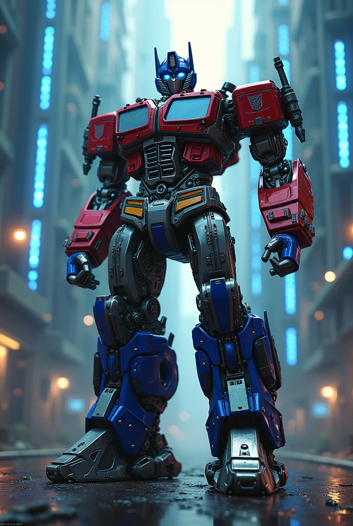 1 giant robot,Optimus Prime,highly detailed body, extremely detailed metal armor,complex mechanical parts,gears and pistons,amazing metallic shine,glowing blue energy,dramatic lighting,cinematic composition,photorealistic,8k,hyper detailed,masterpiece