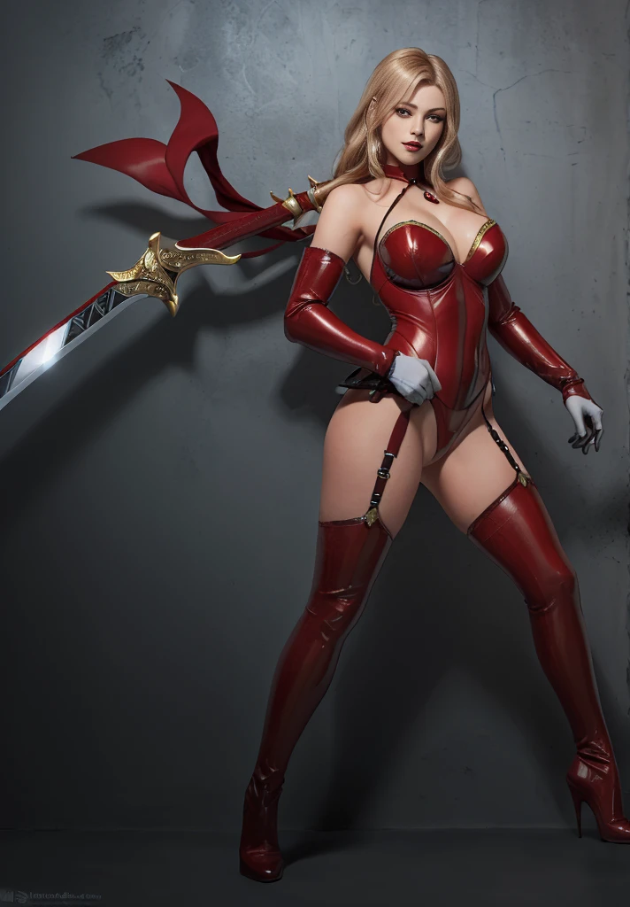 Holding a sword，Anime character wearing red tights, female rouge assassin, white and Red Armor, Red Armor, full body devil woman, Inspired by Rob Liefeld, Full body! asuka suit, Humanoid form, Sadistic Assassin, lady in Red Armor, Skinny red leather armor, High resolution commissions, red skintight leather armor