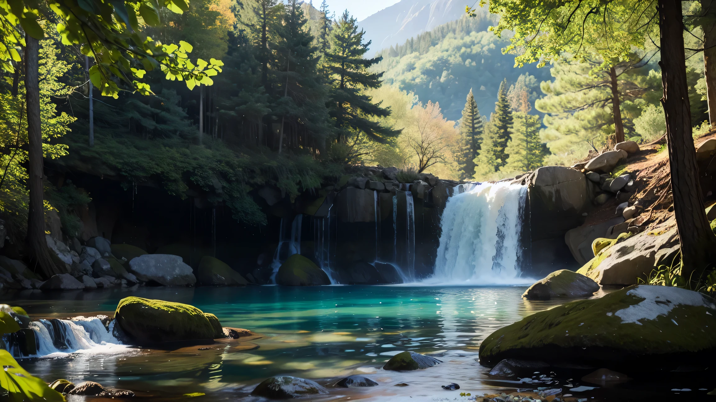 landscape with mountains in the background, large inscription at the top "secret forest", fabulously clear and crystalline water in the foreground, you can see stones submerged in the water, beautiful spring view, delicate light shining through the branches of nearby trees, roots of old spruces sticking out of the water, focal length 150mm, aperture f/1.8, bokeh effect, hyperrealistic, detailed