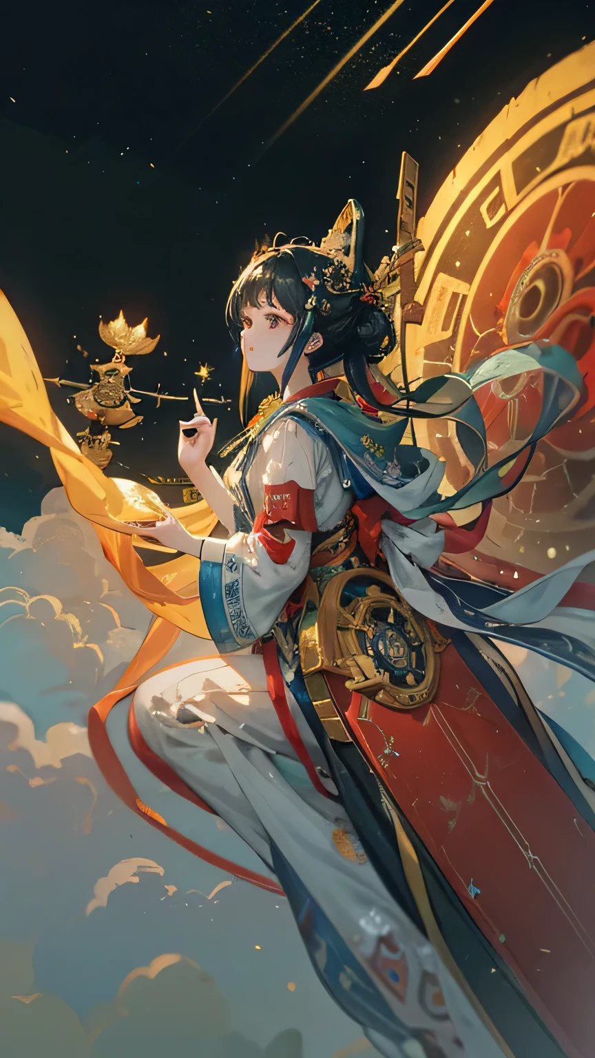 (((masterpiece))), (((Highest quality))), ((Very detailed)), (Highly detailed CG illustrations), ((Very delicate and beautiful)),(From the side),Cinematic Light,A girl climbs into the cockpit、Black Hair、long、Boarding a small spaceship,In the cockpit,Starry Sky, Big Clouds,colored glaze,Golden Universe,Space Station、Preparing for takeoff、Spacesuit、Aiming for Andromeda、Toa Heavy Industries decals、Lonely smile,A cable connects the body to a small spacecraft、Close the hatch,Complex Instrumentation