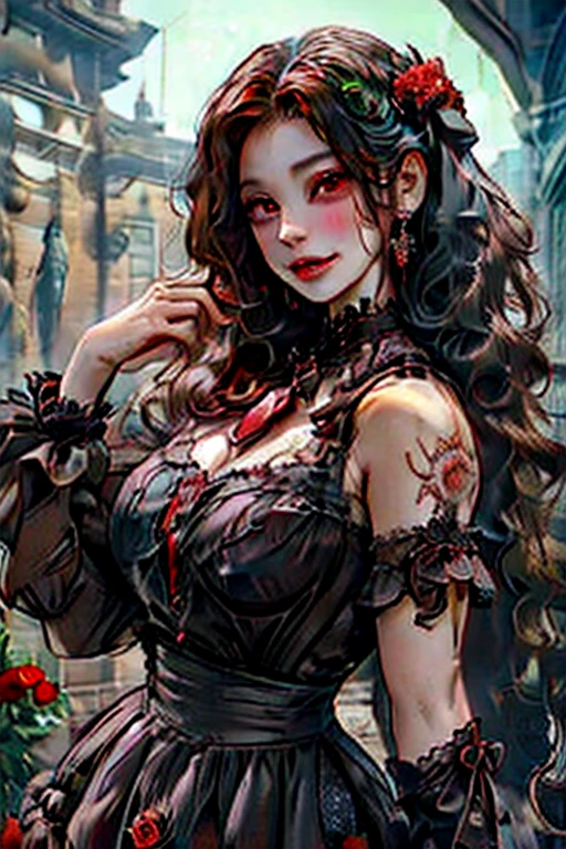 Perfect face. Perfect hands. A brown haired woman with red eyes with an hourglass figure in a frilly Gothic dress is smiling while drinking tea in a red rose garden with a red rose in a Gothic castle