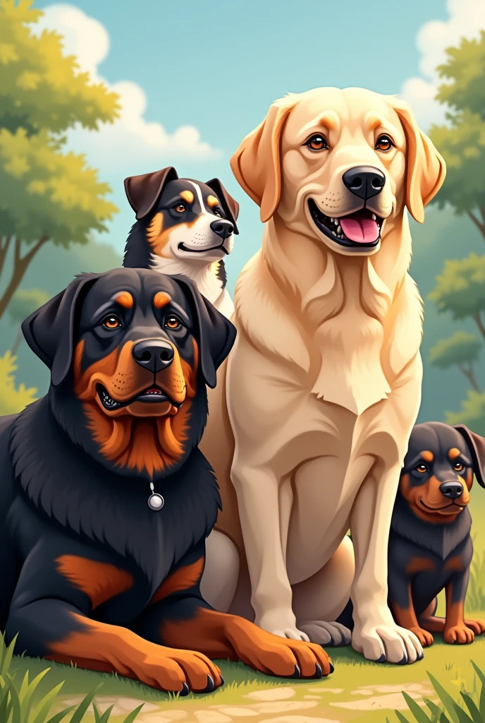 Adult cream-colored labrador dog with medium hair,pink-nosed mutt next to black dog turns into a lara in the colors of a rottweiler, a slightly smaller adult black dog with a small white spot on her chest, and another adult dog, a 3-colored mutt, black, white and a little gray