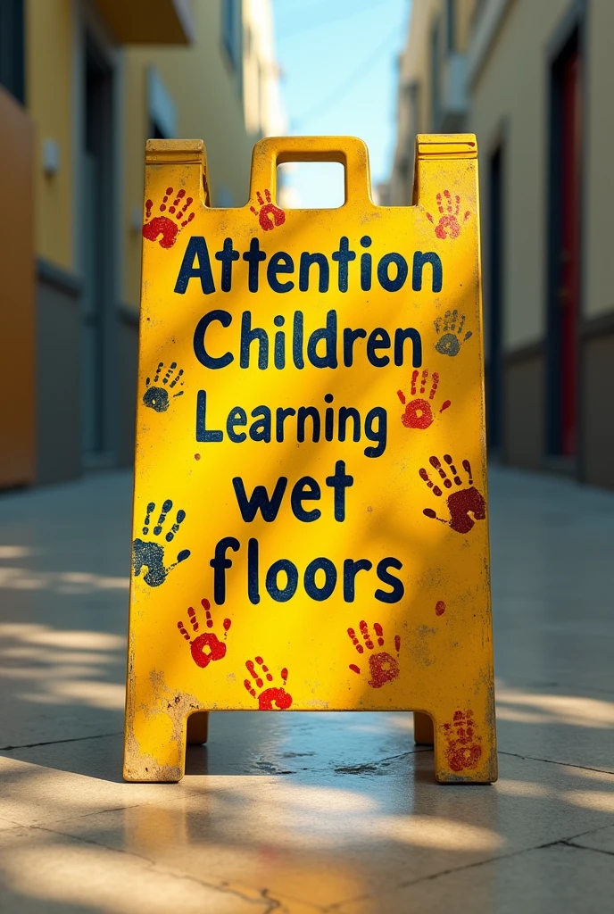 Yellow wet floor warning sign covered in children&#39;s fingerprints, I do not warn you, it is written "ATTENTION CHILDREN LEARNING " written in Portuguese, THE NOTICE IS IN THE MIDDLE OF A CORRIDOR the notice is made of recyclable materials 