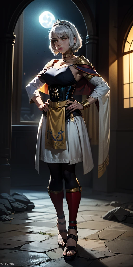 paladin lady in ornate golden armor, black collar, pauldrons, breastplate, corset, glowing halo, short hair, bob hair style, white silver hair, yellow glowing eyes, bright pupils, eye focus, red cape, temple indoors, stained glass windows, night, moonlight, particles, light beam, chromatic aberration, (full body, whole body. 1solo (girl). slave fighter, loincloth standing, hands on hips full body, whole body. 1solo (girl). slave fighter, loincloth standing, hands on hips, metal sandals, choker, big belt, view from below, feet together, bracers, tiara)