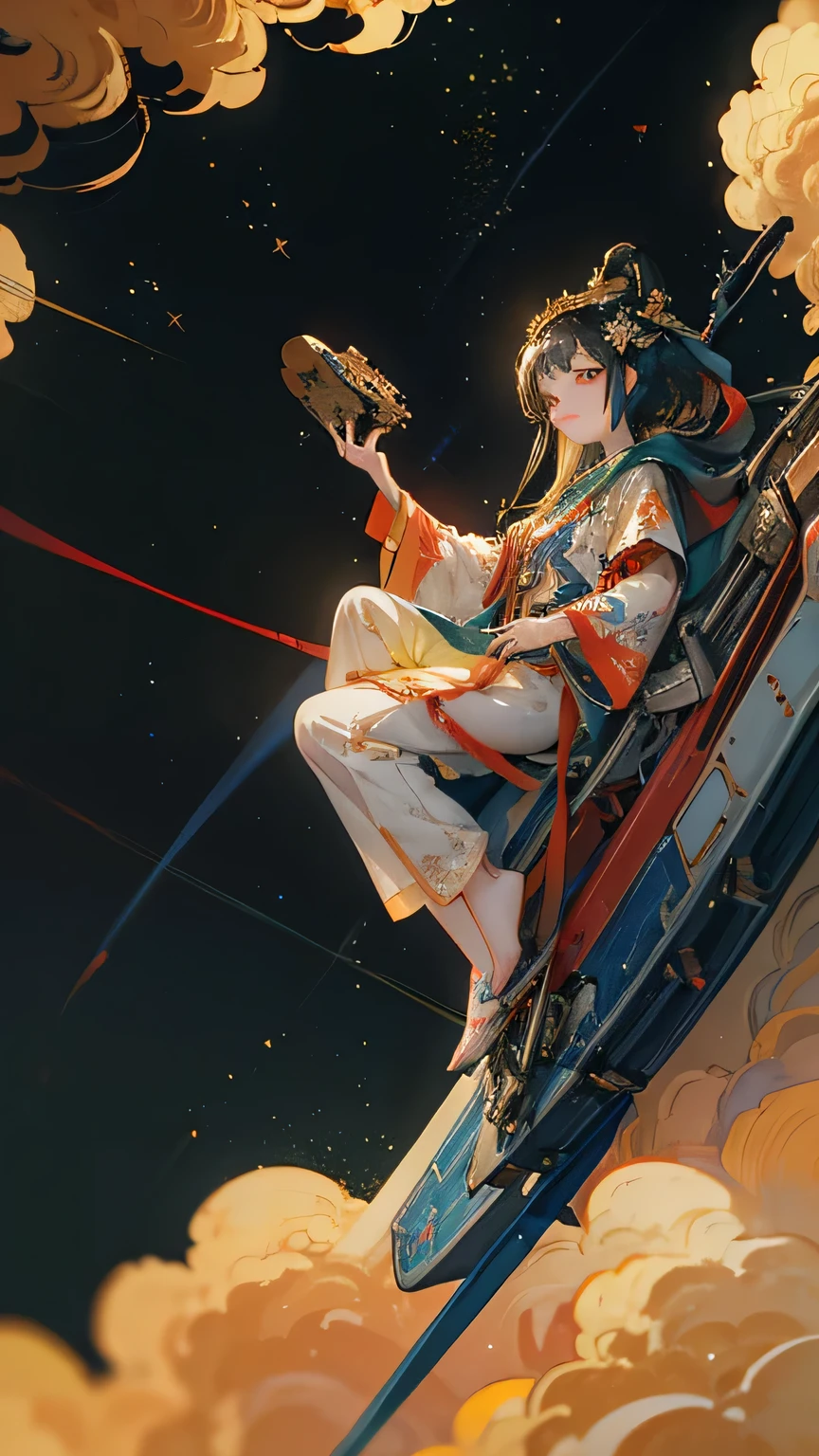 (((masterpiece))), (((Highest quality))), ((Very detailed)), (Highly detailed CG illustrations), ((Very delicate and beautiful)),(From the side),Cinematic Light,A girl climbs into the cockpit、Black Hair、long、Boarding a small spaceship，In the cockpit，Starry Sky, Big Clouds,colored glaze,Golden Universe，Space Station、Preparing for takeoff、Spacesuit、Aiming for Andromeda、Toa Heavy Industries decals、Lonely smile，A cable connects the body to a small spacecraft、Close the hatch，Complex Instrumentation