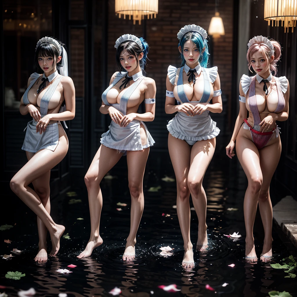 (Full Body of Extremely Detailed((Sexy Maid Group in a row:1.37))), KAWAII perfect face, Reflective Eyes, Detailed(Delicate Clothing textures), Correct Attractive Leg Line, Dynamic Joyful Expressions LifeLike Rendering, Specular Reflection, TopQuality 8K Ultra-detailed masterpiece (ProfessionalPhoto:1.37), (Acutance:0.8), (Luminism:1.28), Sparkling water surface with Reflection and Refraction (((Bathing in the Lake) Petals Dance)Tyndall Effect), Colorful Light particles, ((Full body from side)), {Kissing|Thigh Gap|Cute Peach AssFocus|(NakedApron with Overflowing SideBoob)}, Radiant Fine Skin with Transparency, (Exposed:0.4) {Pure White Hair|Pink Hair|LightBlue Hair|Blonde|Liquid Hair|(Red Tie)}, Perfect Lighting