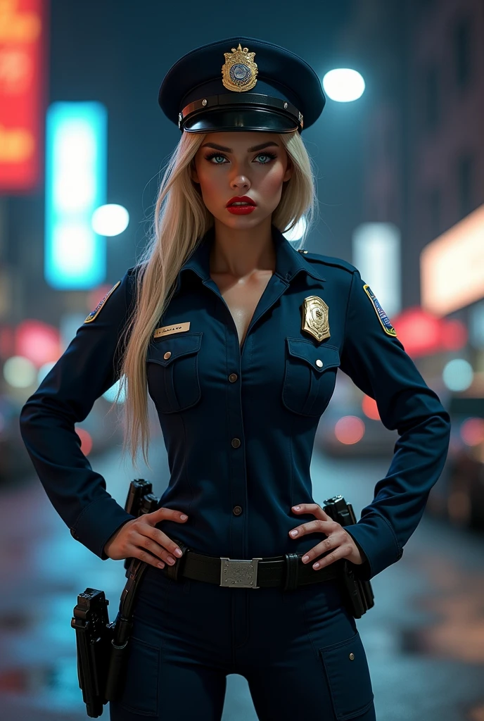 1girl, (Blue Eyes), (angry face :1.2), (Sana Minatozaki), wide hips, Big tits, big ass, (Best Quality, 8k, Masterpiece: 1.3), Clear Focus: 1.2, Perfect Body Beauty: 1.4, strong abs :1.2, Highly detailed face and skin texture, detailed eyes, double eyelids, (black lined eyes :1.1), red lips, (blond long hair :1.2), black latex pants, sexy police uniform, police shirt, police badge, Police cap, gun belt, standing, hands on the hips :1.3, on the streets of new york at night, blurred background