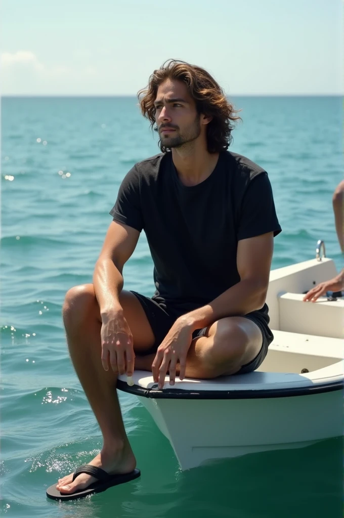 A 25 year old man with long curly hair wearing a black t-shirt, shorts and flip-flops sitting on a boat in the sea with a shark in it