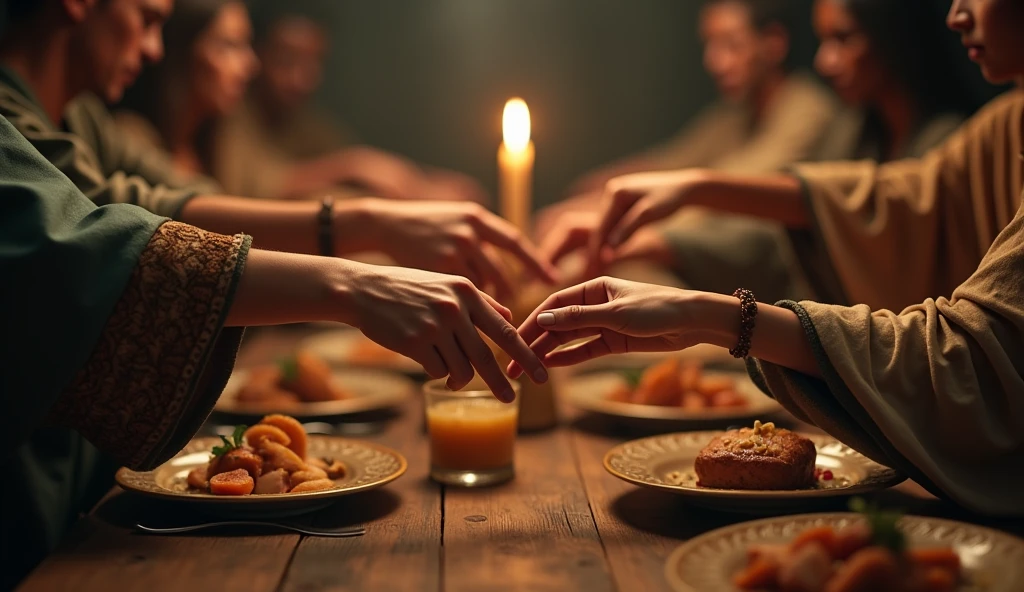 Create a hyper-realistic and mysterious image of a dining table, where many hands are extended to share food in an atmosphere of camaraderie. the hands, dressed in simple, ornate tunic sleeves, symbolize the union of different social classes. Ao fundo, softly blurred, there is a lit lamp that casts a soft golden light over the table. The environment should create an atmosphere of warmth and togetherness, suggesting that practicing generosity during meals strengthens bonds and promotes mutual trust.