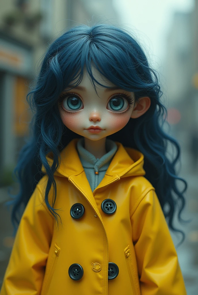 One with dark blue hair and a yellow raincoat with button eyes