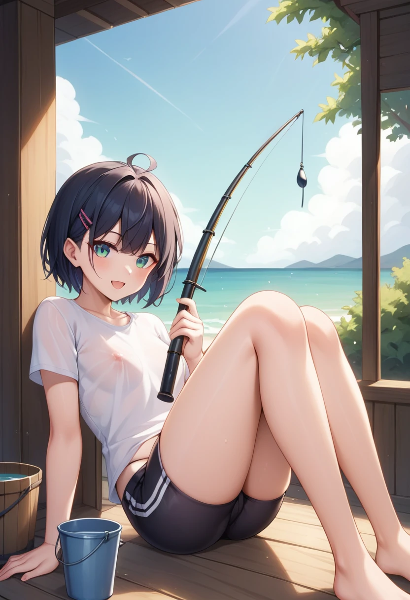 Top quality、(High school girls fishing、Sitting on the embankment,holding fishing rod)、Sitting on the embankment,Legs facing the sea、Black short hair、After sunburn、t-shirt、Side Angle、seaside、There is a small bucket next to it.