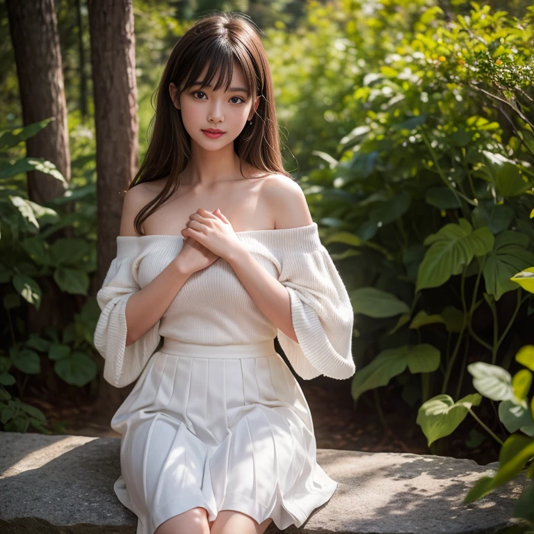 Fold your hands to your chest，long skirt,skirt, white skirt, (knee shot), 1 woman, On the face, light brown hair, blunt bangs, hair behind ears, Hair over the shoulders, long hair, Slender body type, Super thin face, face slimming, delicate lips, beautiful eyes, Thin blush, Eyes are light brown,Check it out here, (realistic:1.3), in the coniferous forest, One person's perspective, 8k, Super detailed, high quality, best quality, High resolution,(masterpiece))、(top quality)、8k、high detail、Super detailed，3 female，Seductive and whimsical style、masterpiece、born、Scenes resembling fairy tale illustrations、Intricate details and complex designs、Beautifully、magic、capricious、 Beautifully、Dream aesthetics、「𝓡𝓸𝓶𝓪𝓷𝓽𝓲𝓬、ethereal、charming、fickle、magic」、Realism、Visual effects、FXAA、SSAO、Shaders、voiceless、ambient lighting、Tone mapping、High resolution、Ultra high quality、Million pixels、(8k resolution:1.10)、8k、Below 8K、8k resolution、high detail、intricate details， (high quality:1.2、masterpiece:1.2、:1.21)、(3 female:1.21)、(Smile excitedly)、(full-body shot，Normal 2 feet，Put your hands behind you，The protrusion of the breast is visible when wearing clothes, Large Breasts, H cup chest, off-shoulder clothes