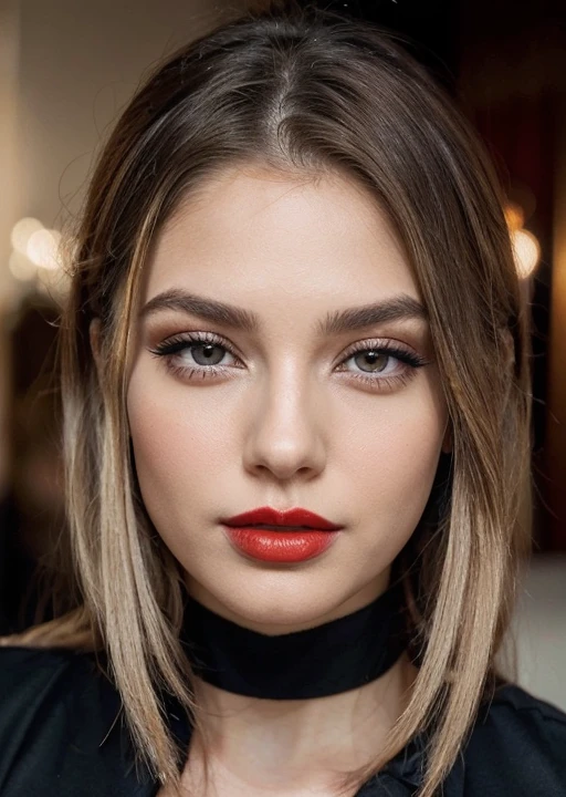 There is a woman with long hair and red lipstick, gorgeous attractive face, beautiful and attractive face, face with full makeup,
