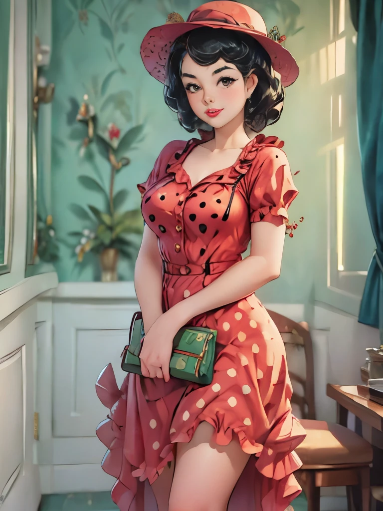 woman in polka dot dress and hat holding red purse, a portrait by Aneurin Jones, flickr, kitsch movement, pinup style, rockabilly style, dressed like in the 1940s, vintage dress, sixties pinup, 50s style, 5 0 s style, ww2 era, in a dress, retro pinup model, pinup pose