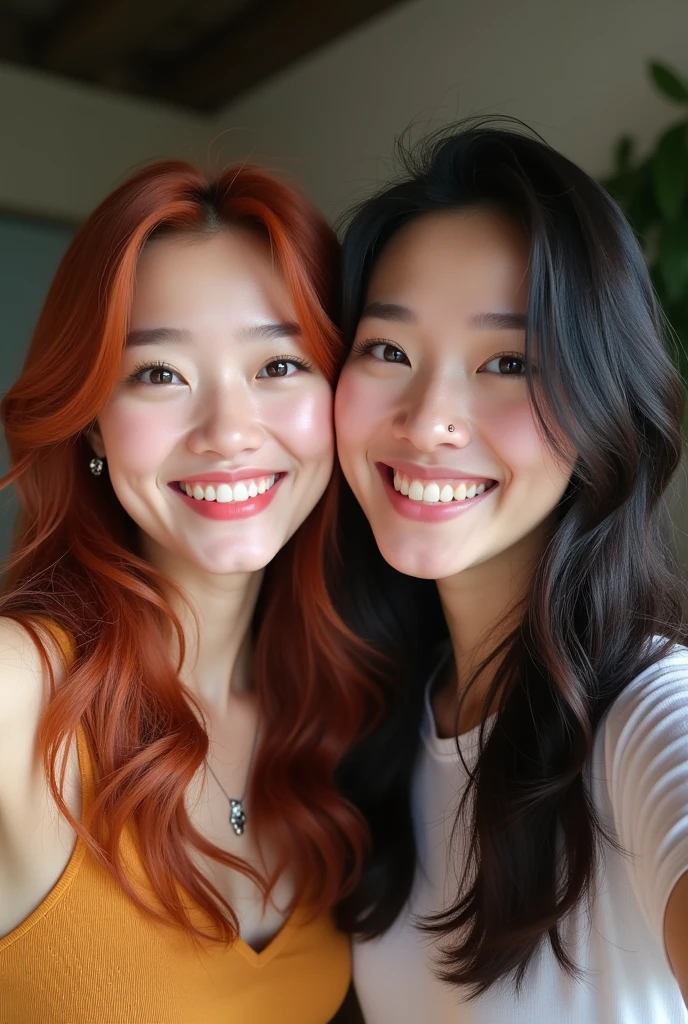 Photo of two twenty-year-old women with Asian features, together en una selfie, realist, one redhead and one brunette, together