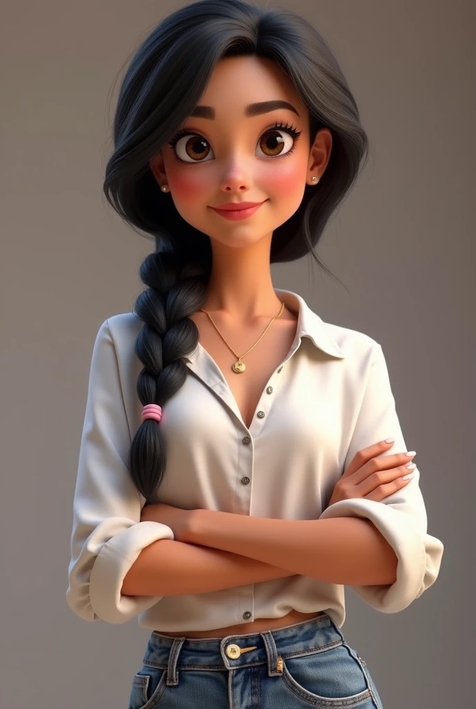 Pixar-style image featuring white-skinned 3D female character, long black braided hair ,Disney,close up, pixar, Disney, white blouse, jeans and with arms crossed and smiling
