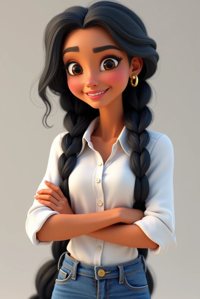 Pixar-style image featuring white-skinned 3D female character, long black braided hair ,Disney,close up, pixar, Disney, white blouse, jeans and with arms crossed and smiling