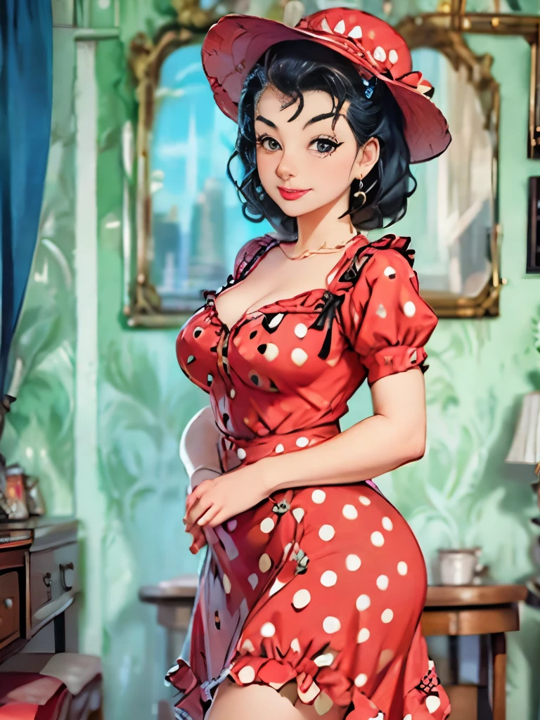 woman in polka dot dress and hat holding red purse, a portrait by Aneurin Jones, flickr, kitsch movement, pinup style, rockabilly style, dressed like in the 1940s, vintage dress, sixties pinup, 50s style, 5 0 s style, ww2 era, in a dress, retro pinup model, pinup pose