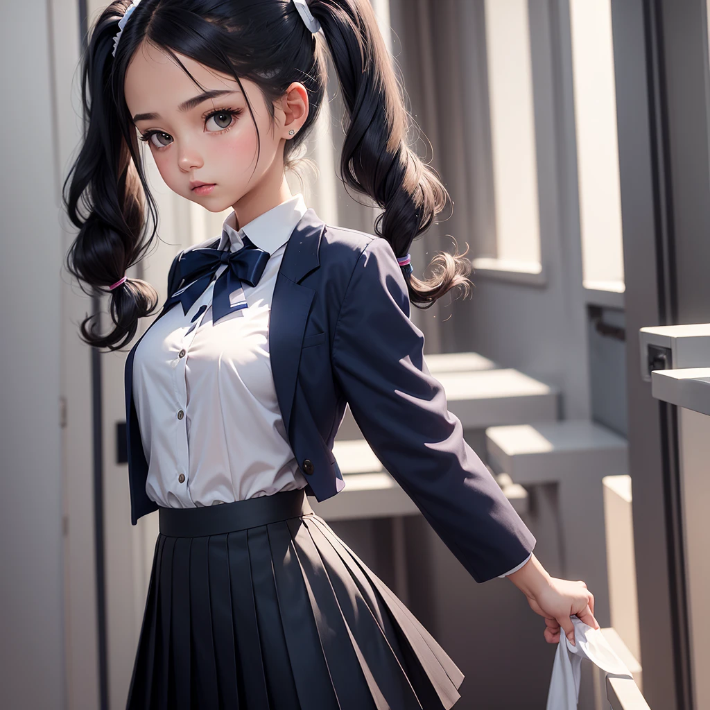 Girl wearing a white shirt, a pleated navy skirt, a black blazer and a navy ribbon on her pigtails