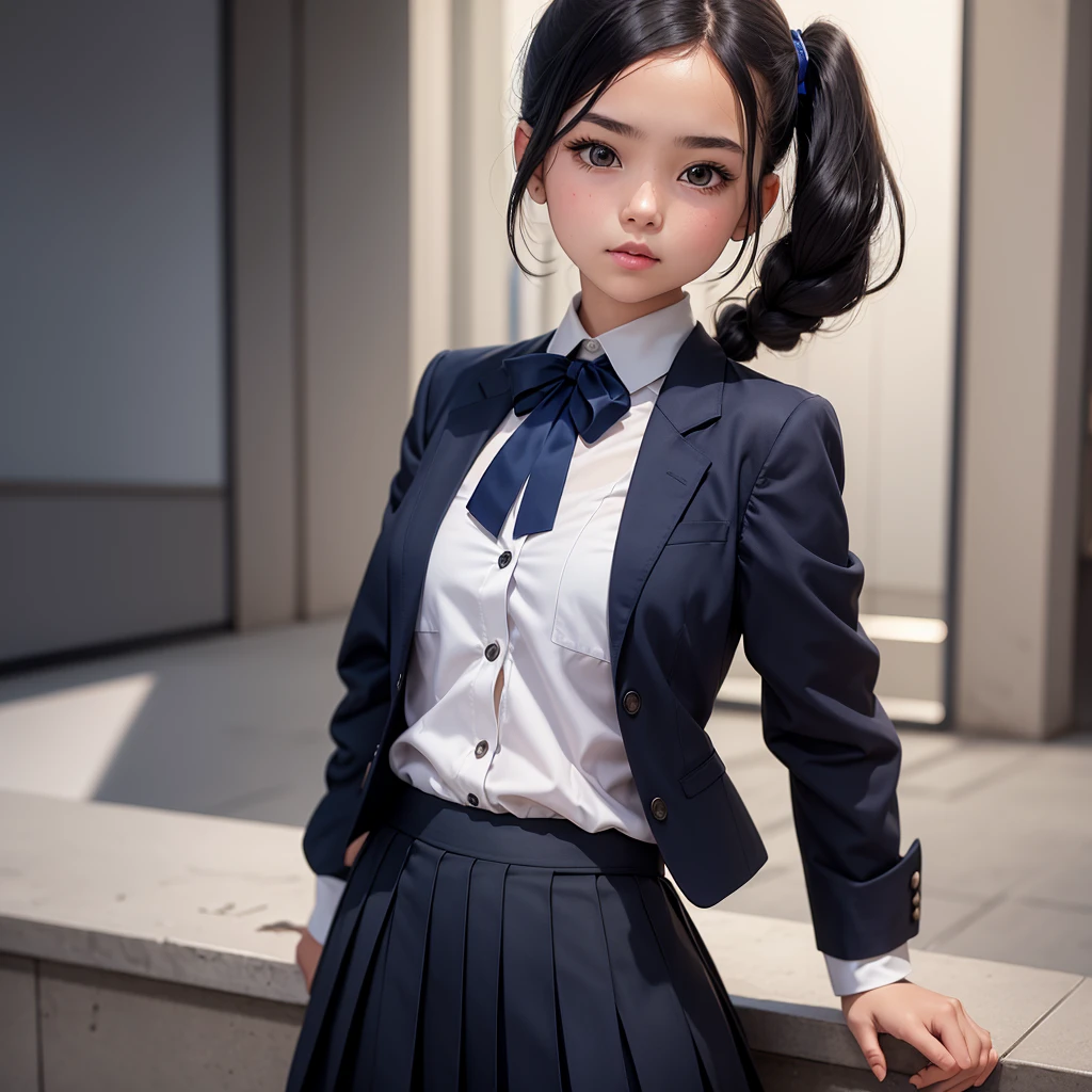 Girl wearing a white shirt, a pleated navy skirt, a black blazer and a navy ribbon on her pigtails
