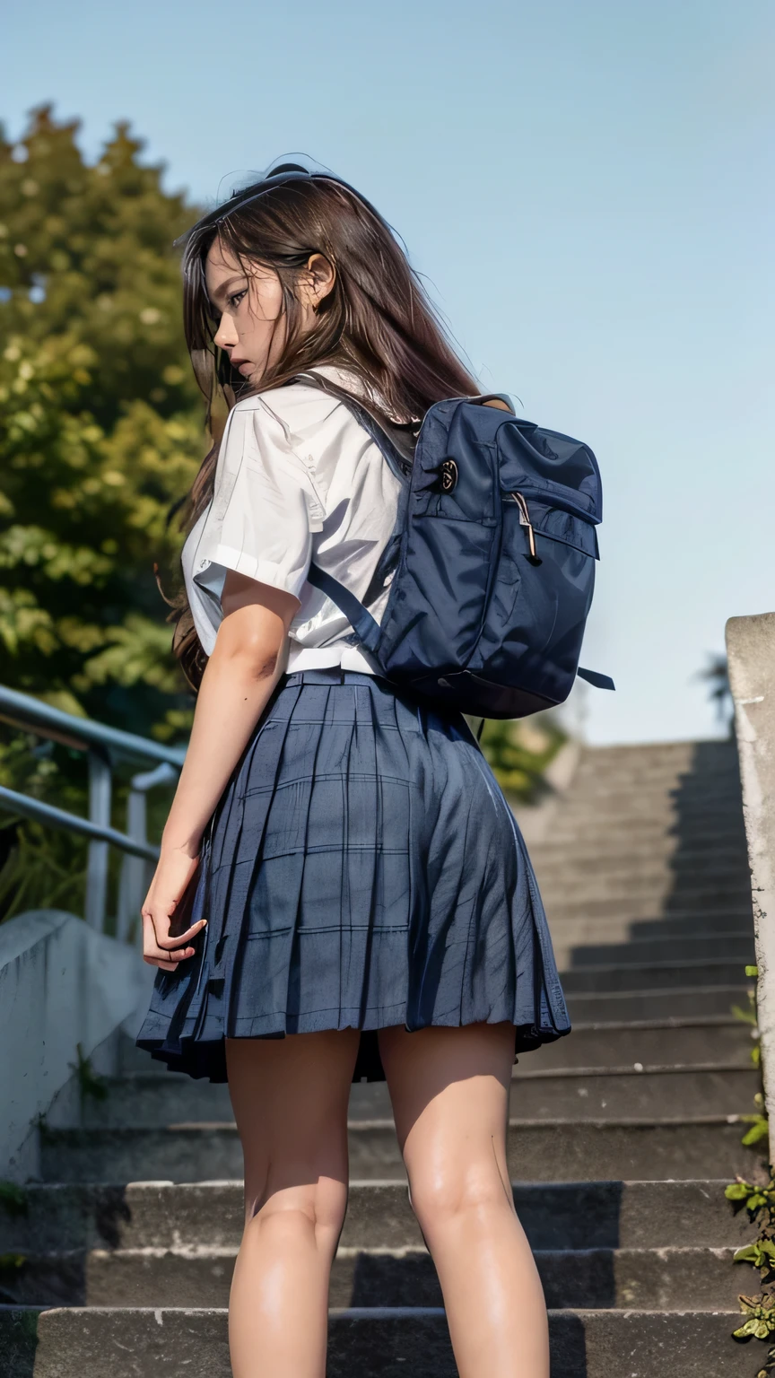 (High school girl climbing the stairs:1.2、Carrying a backpack)、((school uniform、White blouse、(Navy blue checkered pleated skirt:1.2)、Navy blue socks、loafers、Detailed white panties)、(Rear view、View from directly below)、(Realistic、Like a photograph、Live Action、8k, Realistic, RAW Photos, Best image quality: 1.4), Single-lens reflex camera、RAW Photos, Highest quality, Realistic, Highly detailed CG Unity 8k wallpaper, Written boundary depth, Cinematic Light, Lens flare, Ray Tracing, Realistic background、((Ultra-Dense Skin))、 After School、(whole body:1.5)、(Long Hair:1.2、Hair blowing in the wind:1.4)、I like that style、stylish、Very detailed、Pay attention to the details、Perfect outfit、(Sunburned skin)、Rear View、Accurate hands、Accurate legs、Detailed hands and fingers、Anatomically correct body、Thin legs、Thin thighs、Small breasts、Very detailedな顔