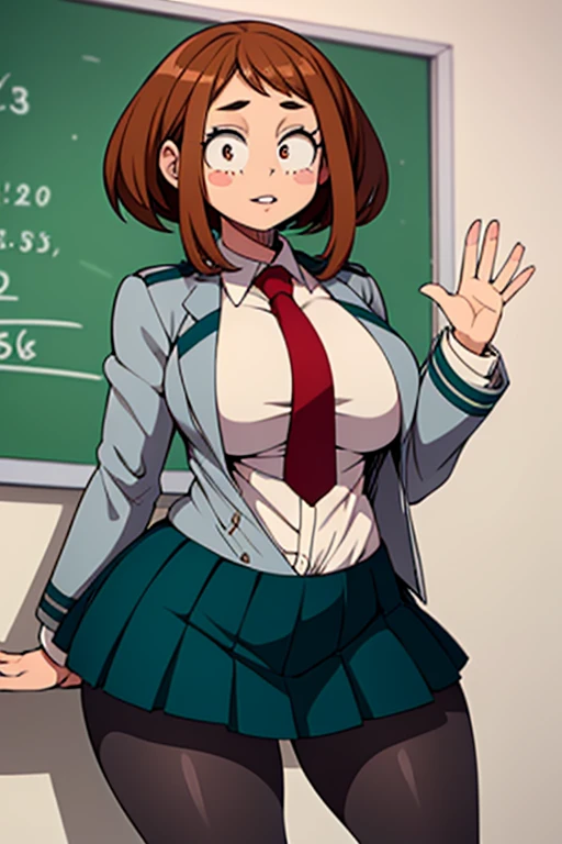 (best quality), (masterpiece), 1 girl, early 20's, huge heavy breasts, busty, perky breasts, thick, thick lips, wide hips, hmochako, blush stickers, short hair, medium breasts. school uniform, green skirt, pleated skirt, red necktie, black pantyhose, white shirt, long sleeves, grey jacket