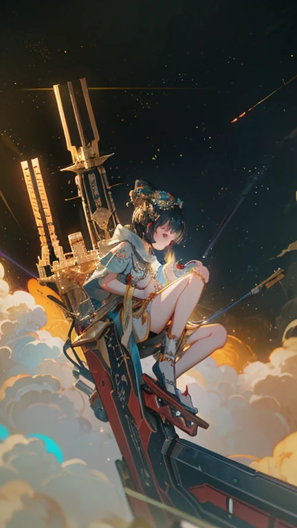 (((masterpiece))), (((Highest quality))), ((Very detailed)), (Highly detailed CG illustrations), ((Very delicate and beautiful)),(From the side),Cinematic Light,A girl climbs into the cockpit、Black Hair、long、Boarding a small spaceship，In the cockpit，Starry Sky, Big Clouds,colored glaze,Golden Universe，Space Station、Preparing for takeoff、Spacesuit、Aiming for Andromeda、Toa Heavy Industries decals、Lonely smile，A cable connects the body to a small spacecraft、Close the hatch，Complex Instrumentation