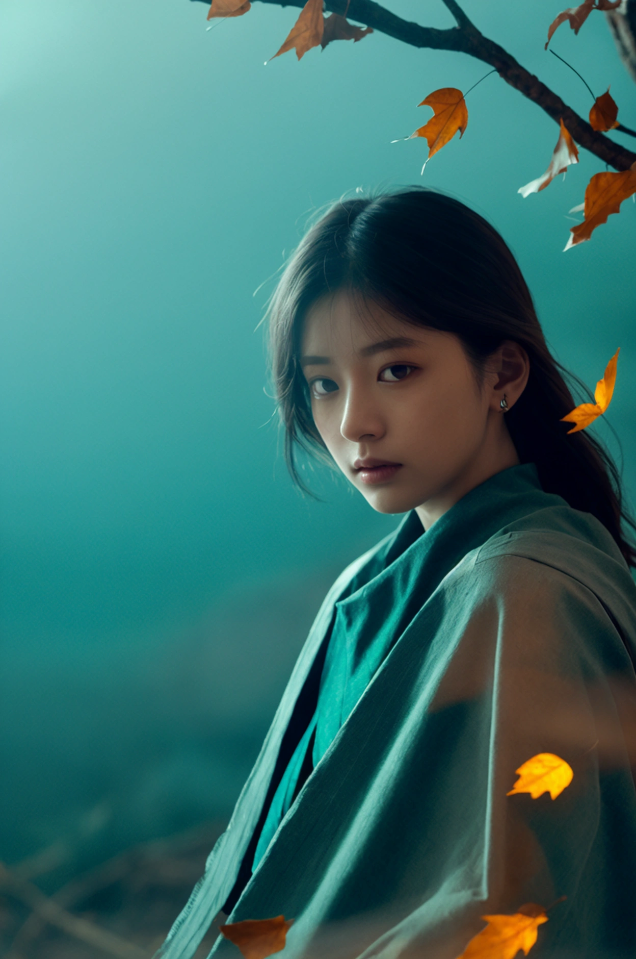 (high detailing:1.2)(Cinematic lighting,Delicate colors),(Falling leaves:1.2), subdued lighting, Wind, Fog. Turquoise Blue, Delta Shade. Discord Banner,Selfie from behind
