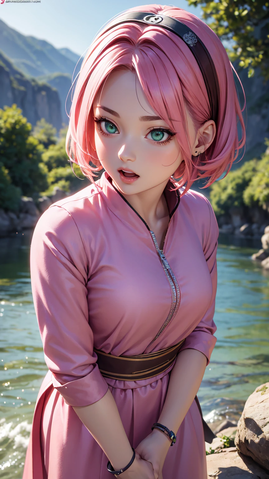 Highly detailed realistic work with high resolution, perfect lighting detailed face detailed hair detailed eyes detailed nose detailed lips, A beautiful girl with short pink hair, green eyes with an open mouth, near a river, sakura haruno.