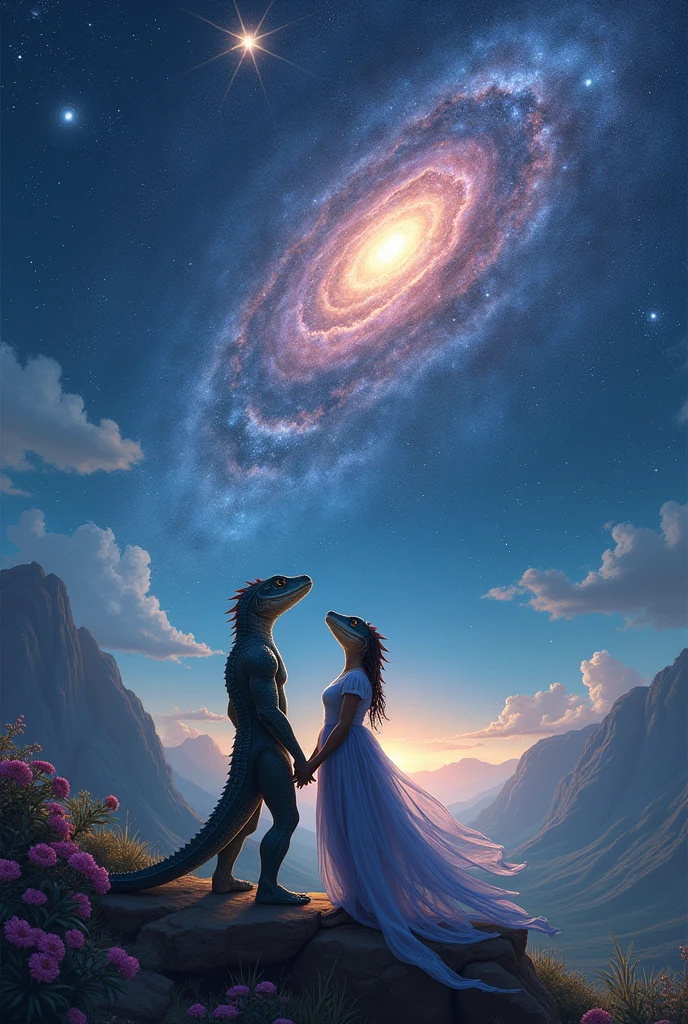 Male and female reptilian dating looking at the starry sky with a galaxy