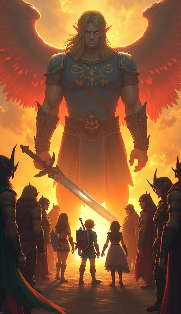 Link, with his master sword, facing Ganondorf, on fire, with Zelda, The Zoras, los Kokiri, the kolog, The Hylians, The Gerudo, The Gorons and the Orni, with their outfits from the game Zelda Tears of the kingdom.