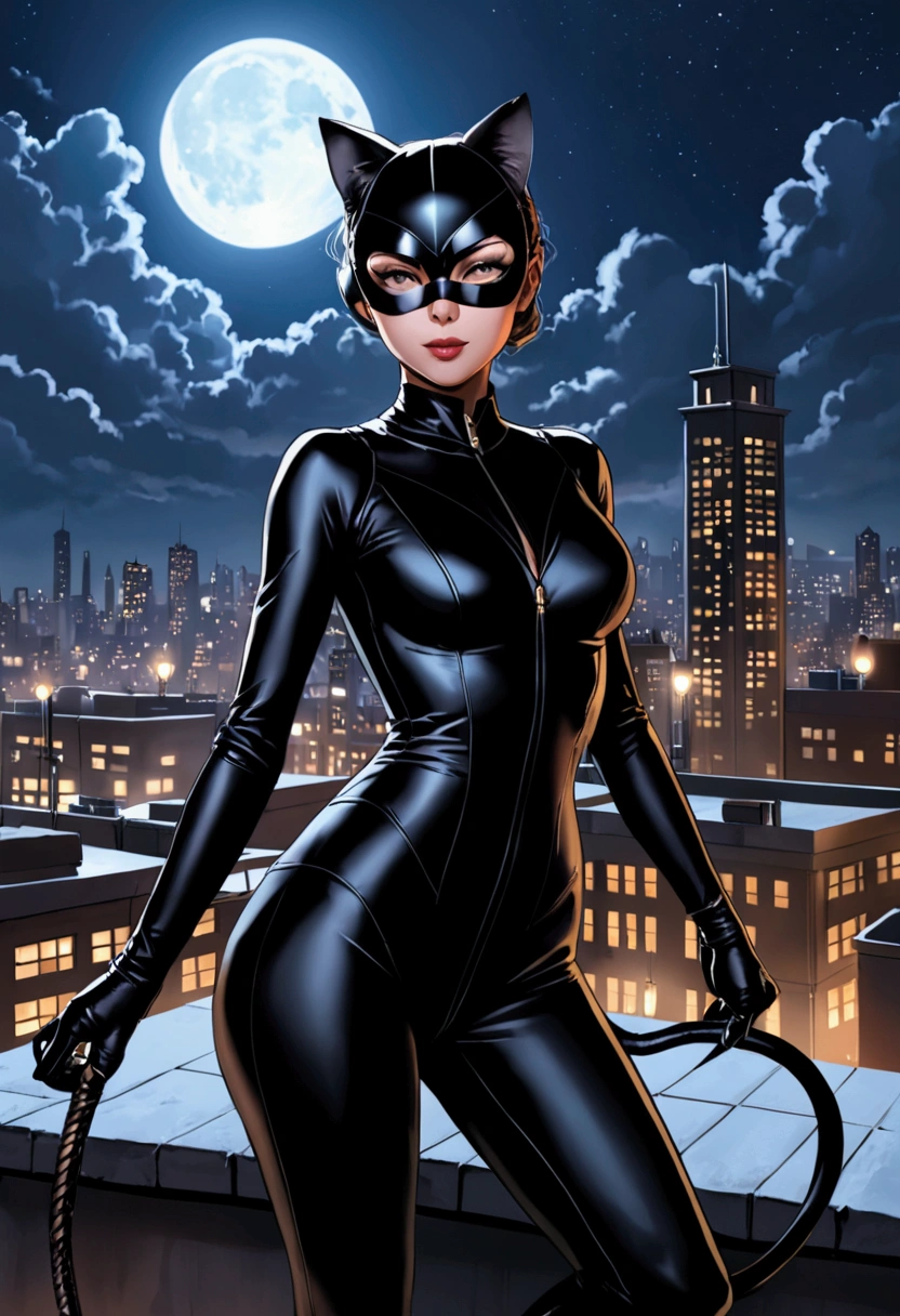 Catwoman in her iconic black, form-fitting catsuit, complete with a sleek mask covering her eyes, and cat ears on top of her head. She wields a whip in one hand, poised and ready for action, exuding confidence and agility. The scene could capture her perched on a rooftop overlooking a dark cityscape, with the moonlight highlighting her feline grace and mysterious allure, ready for her next heist.
