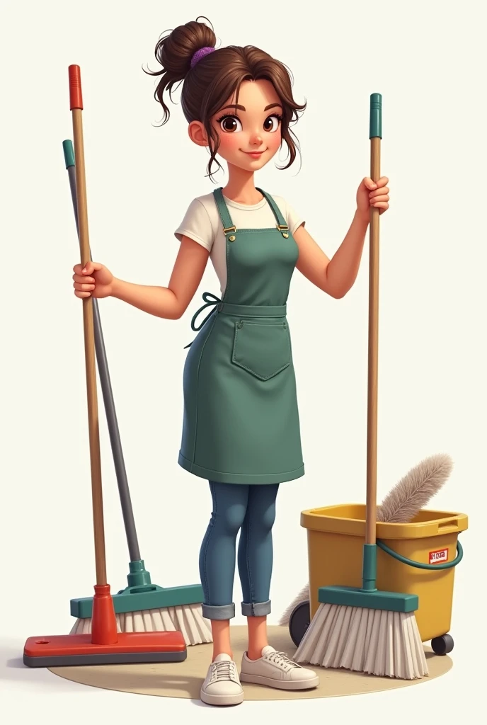 	1.	clothing：カジュアルで快適な掃除用のclothing（for example、T-shirt and jeans or apron）。
	2.	Hairstyle：Do you have your hair tied up?、The bundled style is perfect for cleaning.。
	3.	Cleaning tools：mop、sweeper、ダスターなどのCleaning toolsを持っているシーン。
	4.	expression：Concentrating on cleaning、またはリラックスした微笑みを浮かべているexpression。