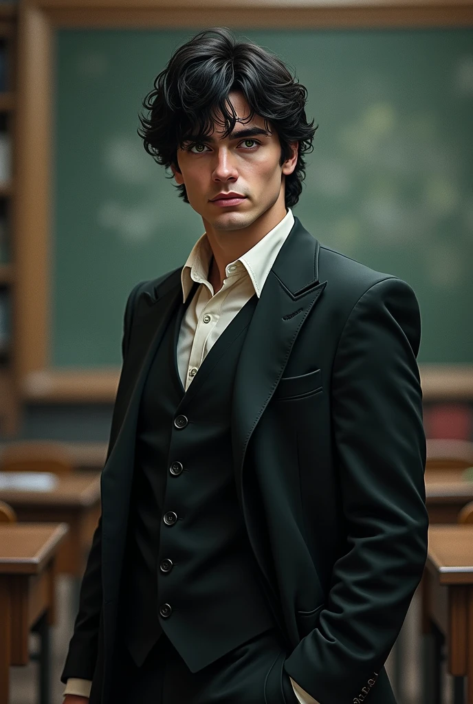 Man 2 , Short black wavy hair , white complexion, cold and captivating gaze, green eyes, hard and attractive features, inside the position classroom at Hogwarts. Dressed in an elegant black suit, he exudes an air of power and mystery.Looking straight ahead, in a central position Drawing