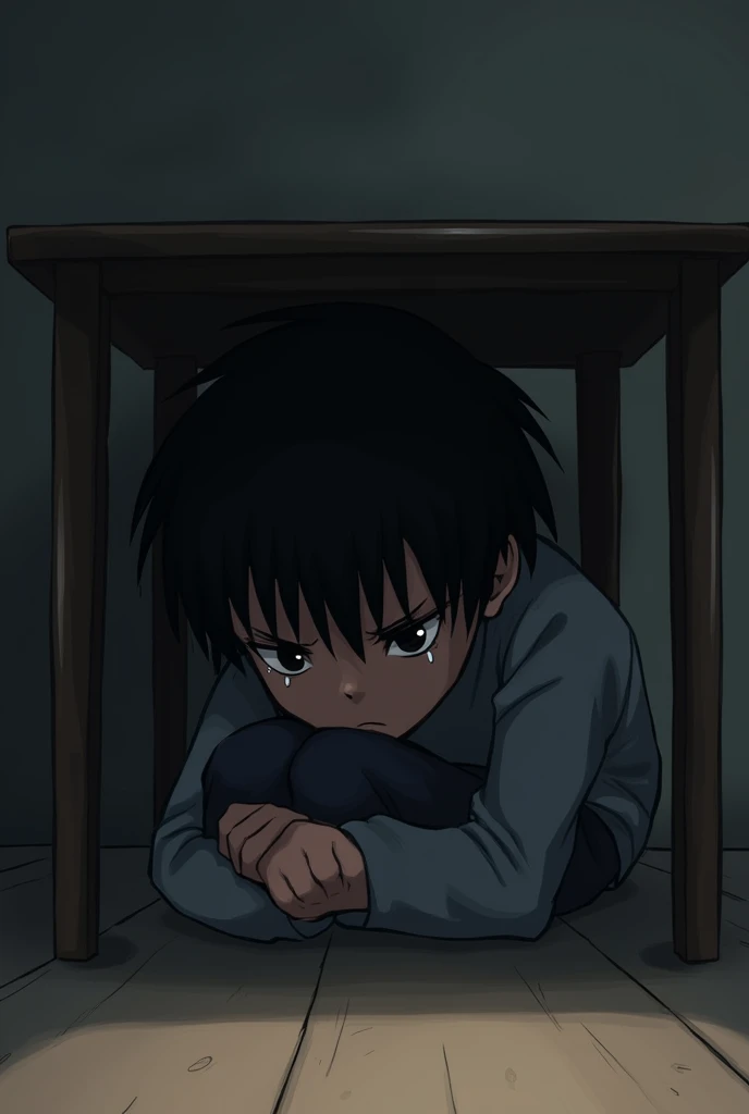 Black haired boy hides under a table and starts crying