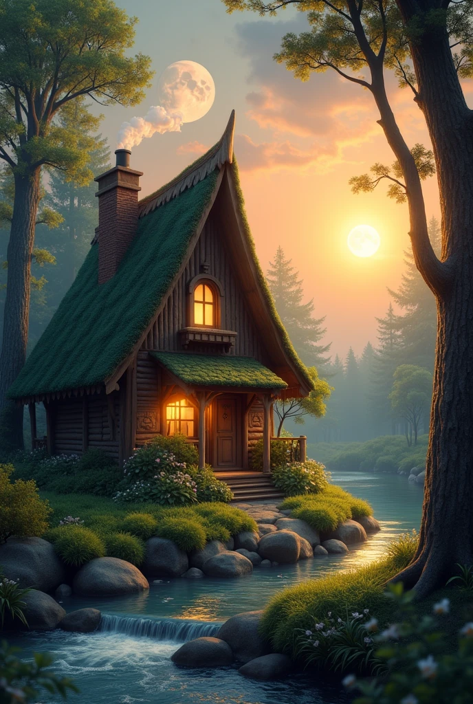 Retro Images，Storytelling，Forest House，The house where the tree frog lives，Ultra-realistic，high resolution，背景は三角屋根のレトロなForest House，There is a chimney on the left side of the roof.，Smoke is rising from the chimney，Sunset in the background，The white full moon is beautiful，Light leaks through the window，looks fun，There is a stream in front of the house

