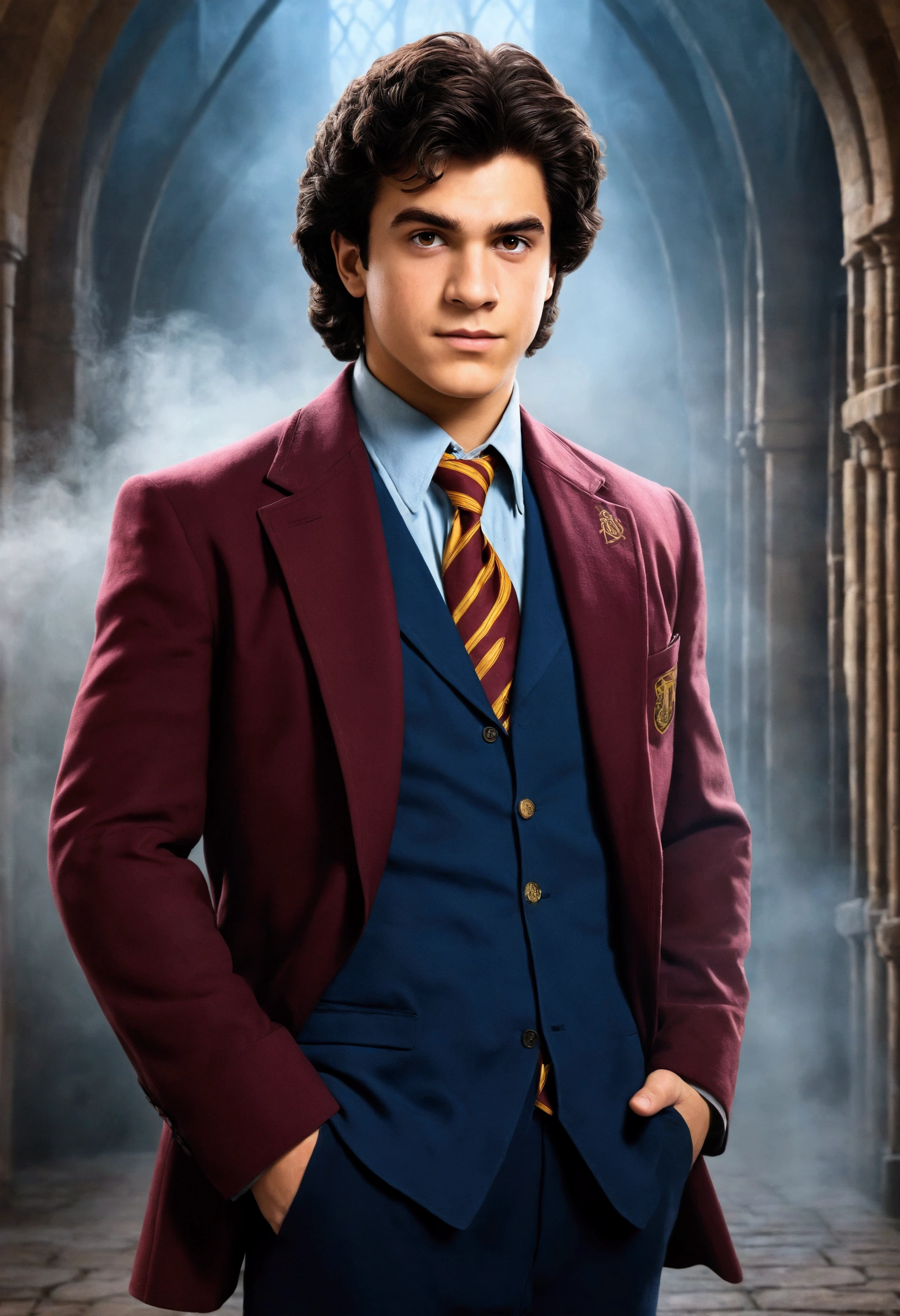 An illustrated movie poster, hand-drawn, full color, a age Wizard, 18-years-old, male, wearing a maroon blazer and navy blue slacks, stout stocky build, broad shoulders, brown eyes, brown-black hair, voluminous curly mane, medium-light sun-tanned skintone, resembles Lou Ferrigno, standing in a foggy Hogwarts courtyard, surrounded by mist, graphite shading, stencil marks, airbrushed acrylic paint, masterpiece, close-up shot, in the style of the Deathly Hallows 