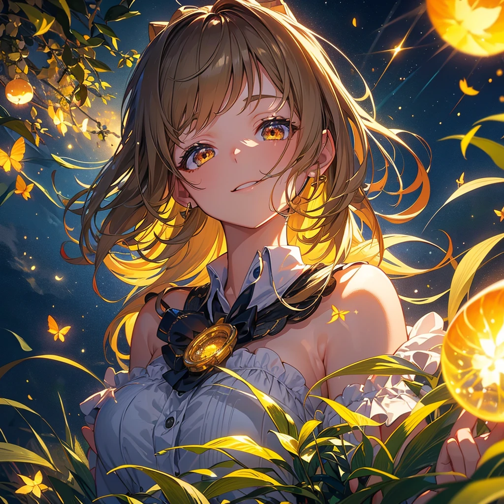 (8K, Top quality, masterpiece: 1.2), (Practical, photoPractical: 1.37), Super Detail, A girl, Wide viewing angle, Firefly Garden, Many faint little lights and fireflies flew around, night