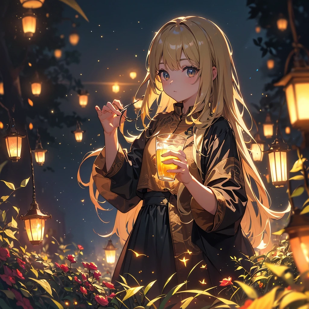 (8K, Top quality, masterpiece: 1.2), (Practical, photoPractical: 1.37), Super Detail, A girl, Wide viewing angle, Firefly Garden, Many faint little lights and fireflies flew around, night