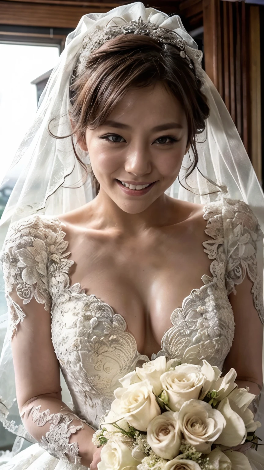 (Smiling Japanese bride in the garden、(Squint your eyes and laugh、A big smile)、The whole body is visible)、Many people celebrate、(Realistic、Like a photograph、Live Action、8k, Realistic, RAW Photos, Best image quality: 1.4), Single-lens reflex camera、RAW Photos, Highest quality, Realistic, Very detailed CG Unity 8k 壁紙, Written boundary depth, Cinematic Light, Lens flare, Ray Tracing, Realistic background、((Wedding dress:1.5、bouquet)、Cleavage)、((ultra high density skin))、 Cute Japan Bride、Overflowing with smiles、Random Hairstyles:1.2、I like that style、stylish、Very detailed、Pay attention to the details、Hair Arrangement、Half-up hairstyle、perfect bridal dress、(White skin)、Great atmosphere、View from the front、Beautiful background、Detailed background depiction、Detailed portrait、View from the front