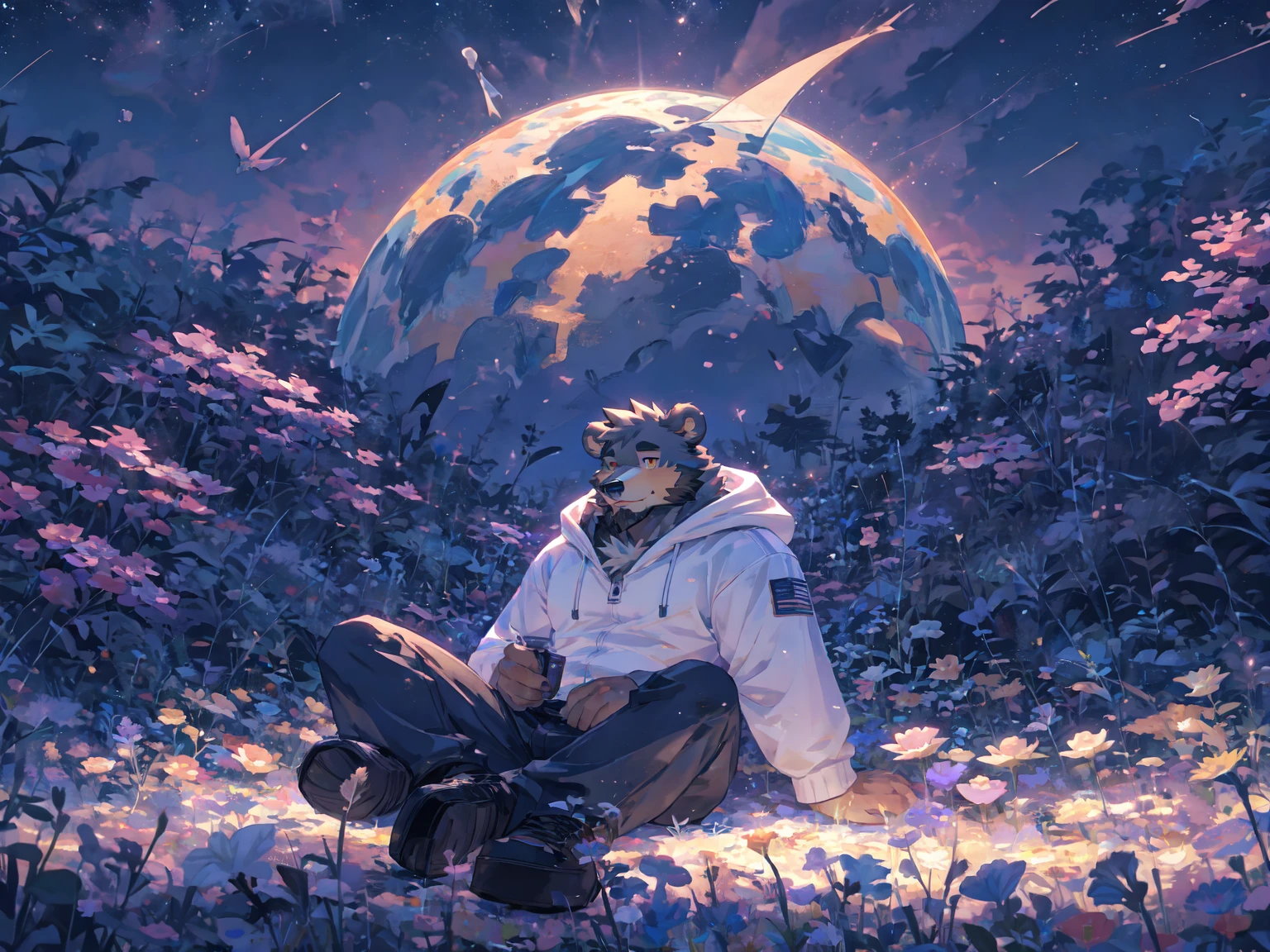 (masterpiece:1.2), best quality,pixiv,official art,perfect anatomy, (Ray tracing, light),solo, (1_male:1.3) , (muscle), (grey fur:1.4), (muscle bear), (beard:1.2), (gleaming golden eyes), bear tail, full body, Thick black eyebrows,(open short hoodie), (naked inside:1.2),cargo shorts, black short boots, red scarf, indoor,flower, petal, skyline, blue sky, cold tone, star, sky, cosmos, starry, rose, planet ,milky way, sitting