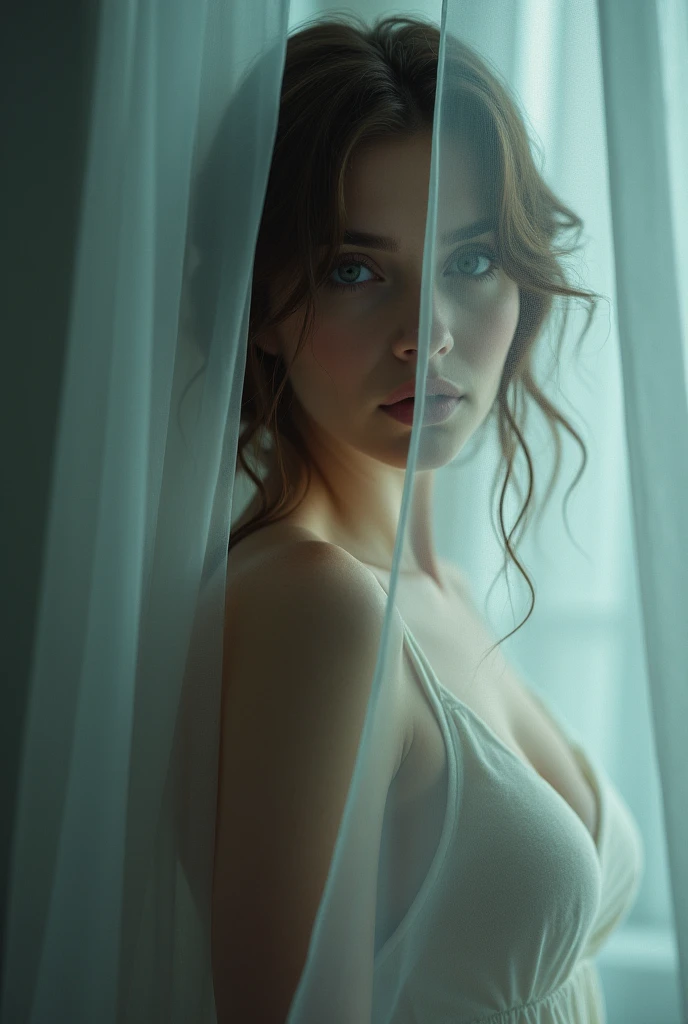 Creating a book cover where a woman looks through a curtain looks very beautiful and sensual