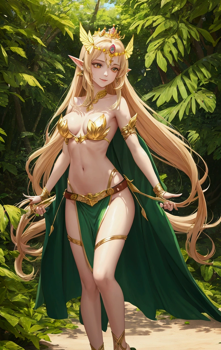 fairy 1feminine girl, with long golden hair, in her hair she wears a golden crown with diamonds that shine and sparkle, slanted violet eyes, she has pointed ears, golden lips, she smiles tenderly, slim body, normal , shapely legs, she has very beautiful wings large butterfings that extend to her feet on her back, she wears armor made of gold and green leaves, she wears a leather bra on her breasts, sh a leather belt, a small leather pouch on her belt, ((shot from below towards his chest focused on his face), his feet are wearing sandals, he is floating as if he were flying from the front, his arms are extended to each side of his body, he is floating between the leaves of the trees where there is vegetation, full scene, body, full body can be seen far away to his feet, you look at the surroundings, the background is bright, it is 4 in the afternoon ((anatomically correct)), 8k, perfect skin, masterpiece, hyper detailed, ultra-realistic, professional lighting