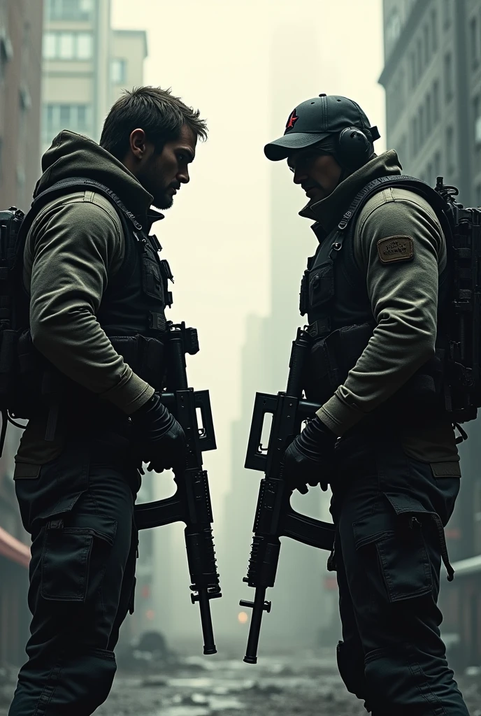 The words contractors showdown above two guys holding an AR back to back