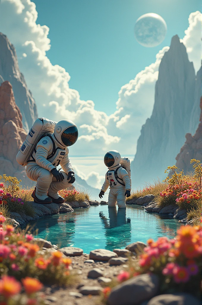 The image depicts a scene of exploration and wonder set in an extraterrestrial landscape. Two astronauts, one adult and one child, are standing by a of water amidst a field of vibrant flowers.
Key Elements:
* Astronauts: The primary figures are two astronauts in full gear. The adult astronaut, kneeling down, appears to be guiding or teaching the child astronaut.
* Landscape: The background showcases a breathtaking alien environment, featuring towering mountains, a cloudy sky, and celestial bodies.
* Water: A small, reflective pool of water is at the center of the scene. The child astronaut is partially submerged in it, suggesting a sense of play or exploration.
* Flowers: A field of colorful flowers surrounds the water, adding a touch of beauty and contrast to the otherworldly setting.
