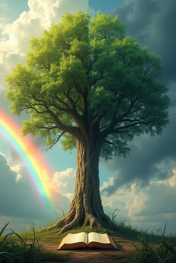 Image of a half-green, half-dead tree with a rainbow in the background and an open Bible on the ground
